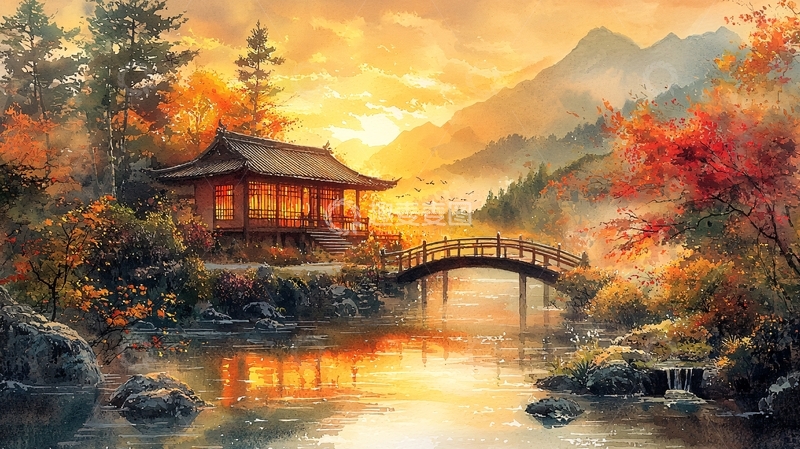 高清大图下载【趣麦麦图】秋日山间木屋日落