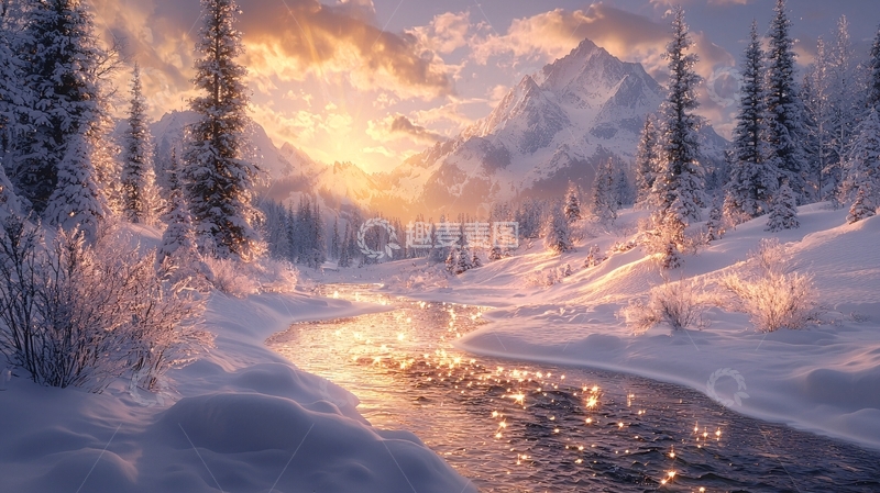 高清大图下载【趣麦麦图】冬日雪山金色光辉