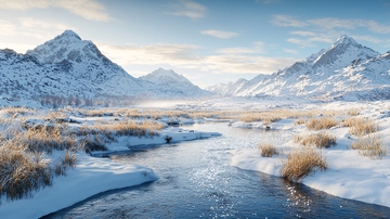雪山河流的冬季风景