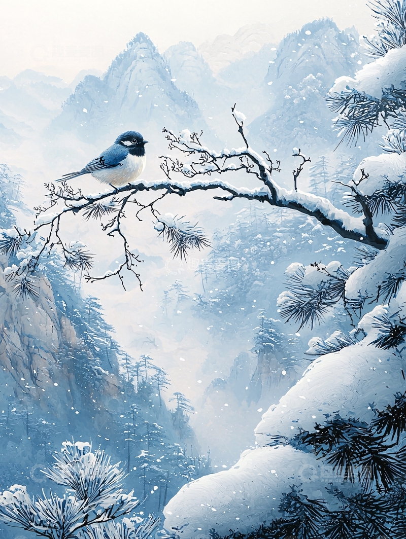 高清大图下载【趣麦麦图】雪山枝头小鸟的意境