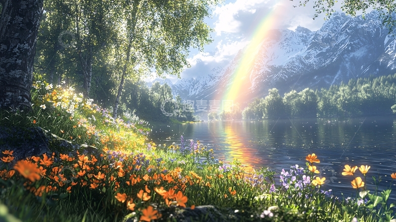 高清大图下载【趣麦麦图】宁静的湖畔彩虹美景