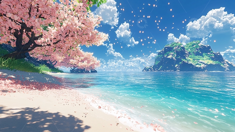 高清大图下载【趣麦麦图】海边樱花树下的唯美景色