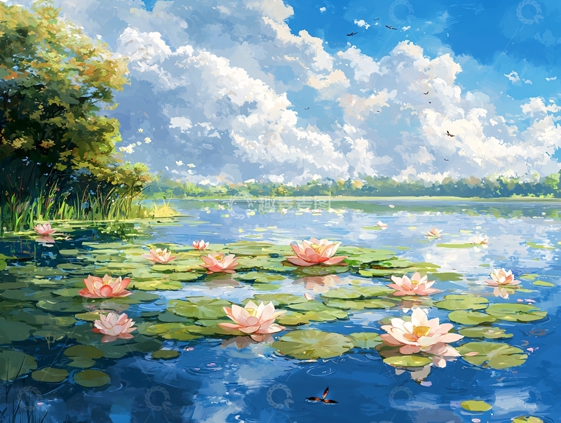 高清大图下载【趣麦麦图】荷花池塘天空云朵的唯美景象