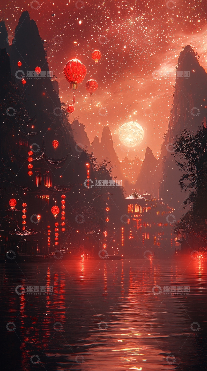 高清大图下载【趣麦麦图】红色灯笼星空下的山水夜景