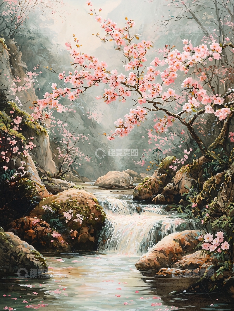 高清大图下载【趣麦麦图】山谷溪流粉红樱花