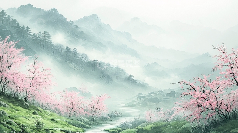 高清大图下载【趣麦麦图】水墨山水桃花唯美意境