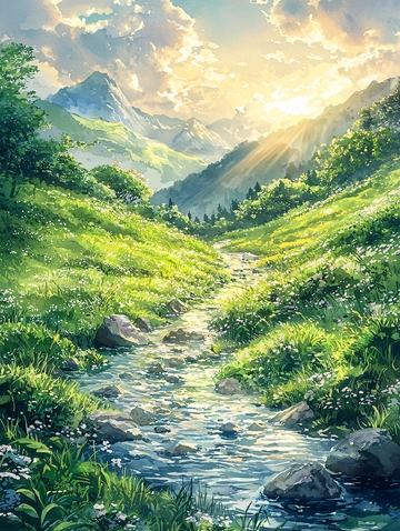 阳光洒在山谷溪流