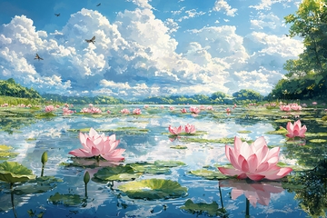 莲花盛开的湖面