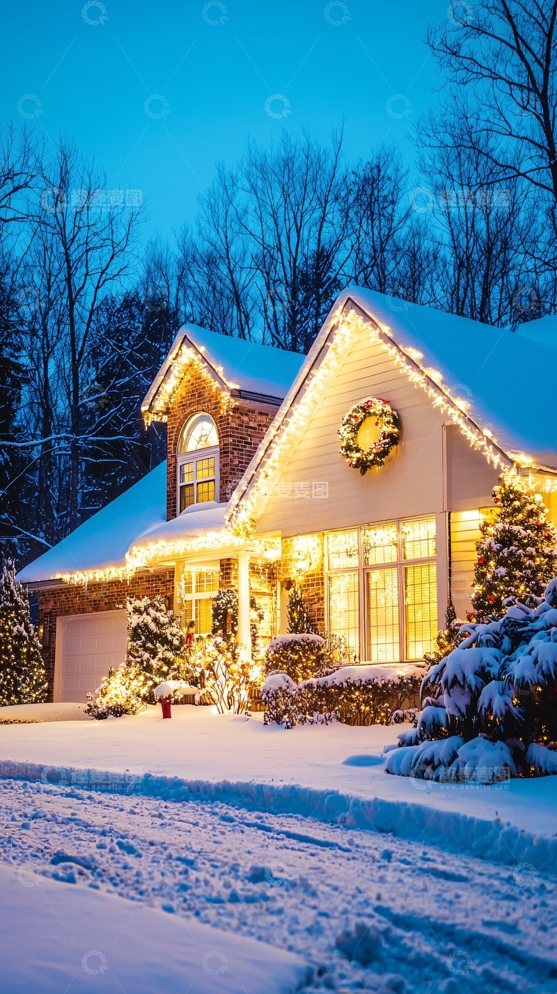 高清大图下载【趣麦麦图】-冬夜雪景下的温馨房屋