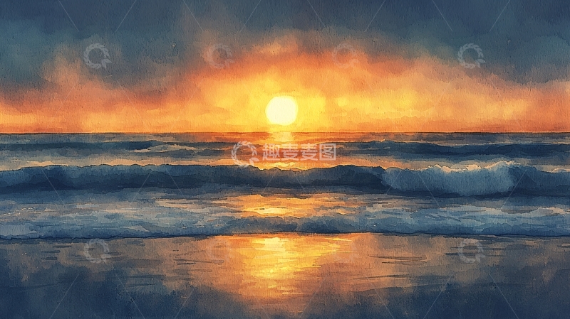 高清大图下载【趣麦麦图】海面日落的油画风格