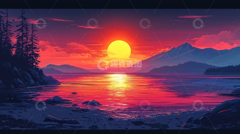 高清大图下载【趣麦麦图】日落湖泊山脉风景