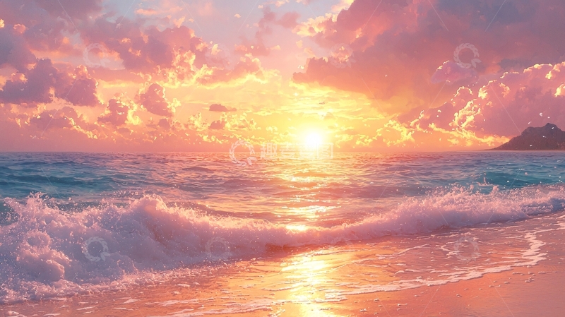 高清大图下载【趣麦麦图】粉色日落海景图