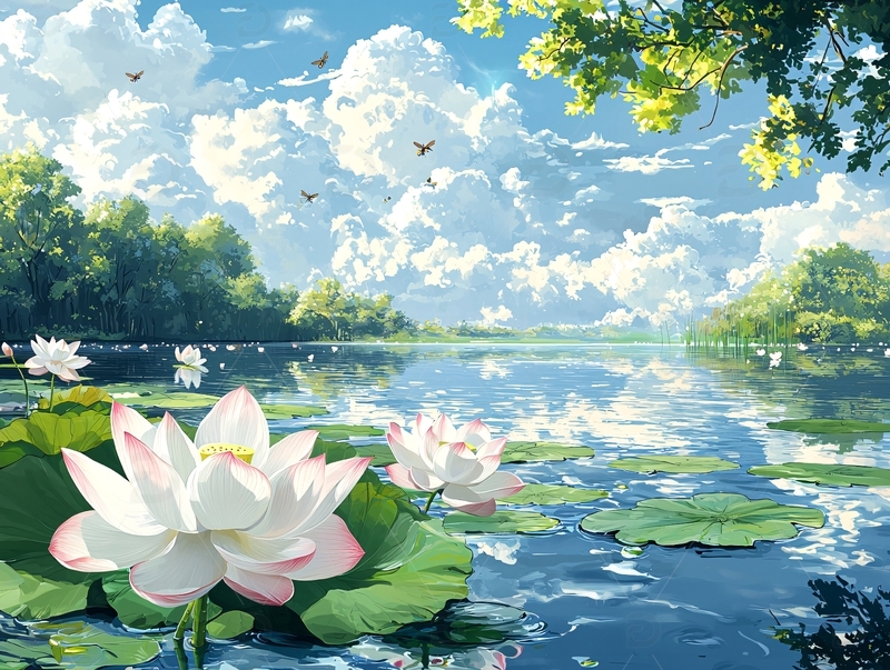 宁静水面莲花朵朵盛开