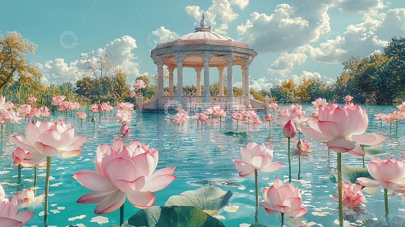 高清大图下载【趣麦麦图】水上莲花亭台