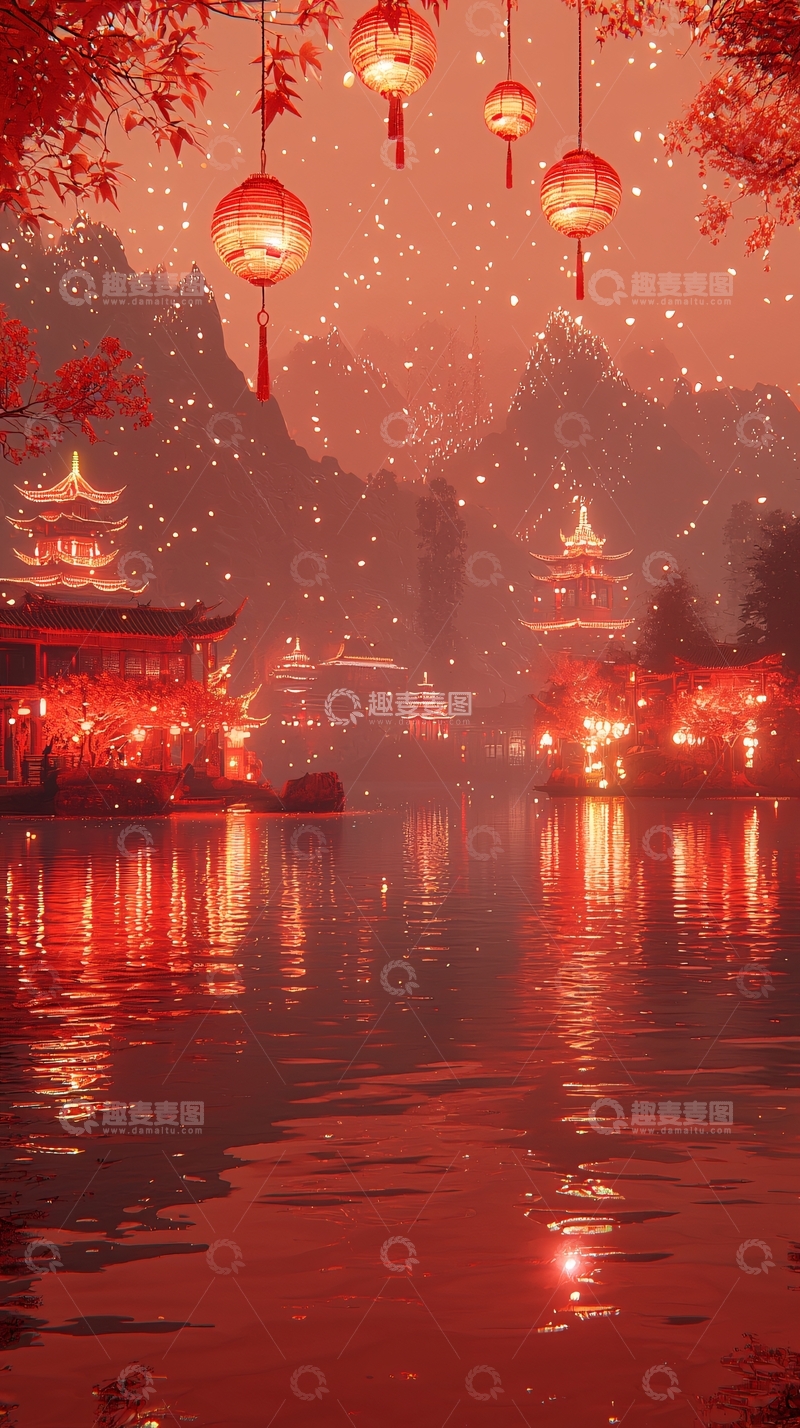 高清大图下载【趣麦麦图】-红灯笼下的山水景色