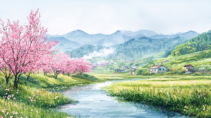 高清大图下载【趣麦麦图】粉色樱花与山水田园风光
