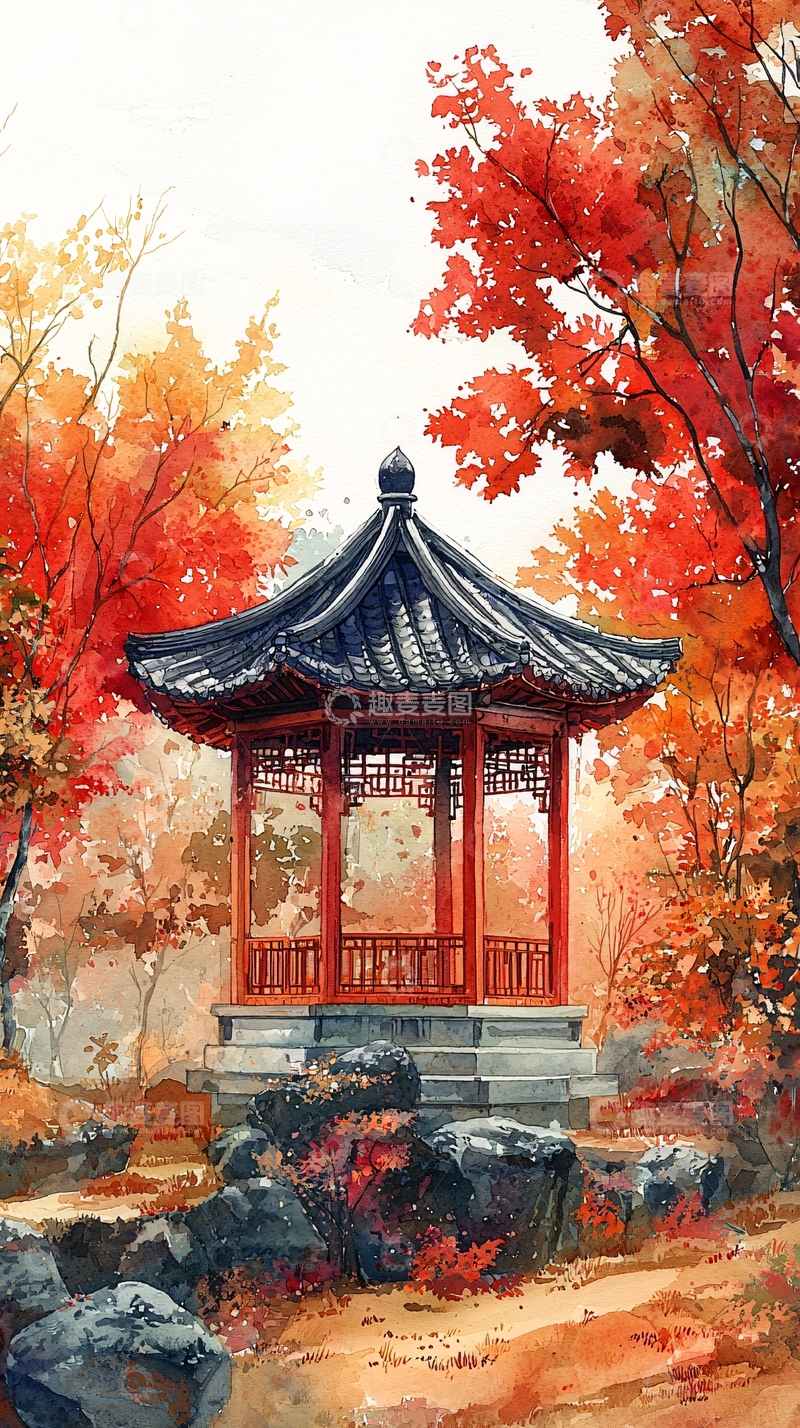 高清大图下载【趣麦麦图】秋日红叶下的中国亭子