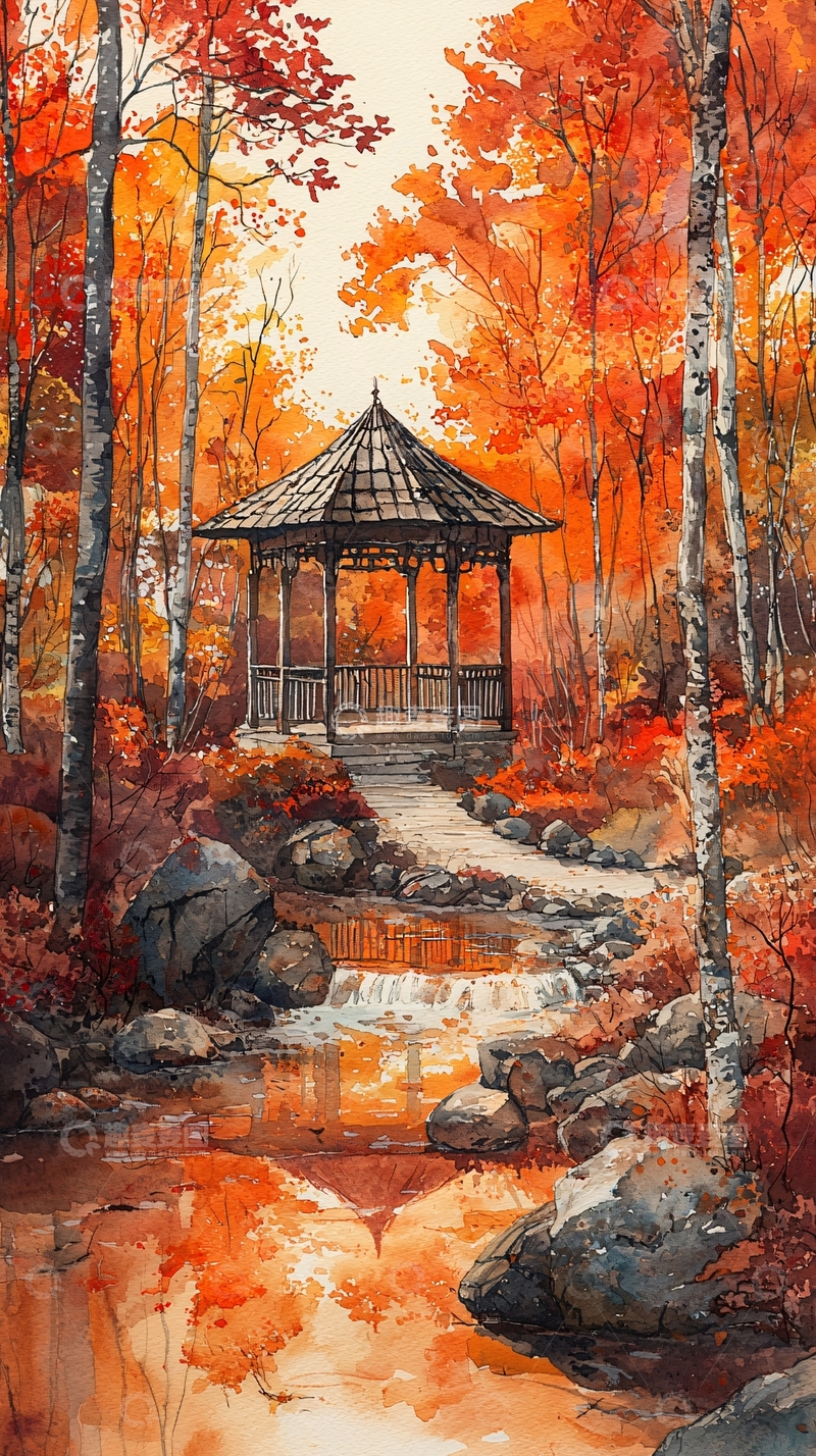 高清大图下载【趣麦麦图】秋日亭台水流交融