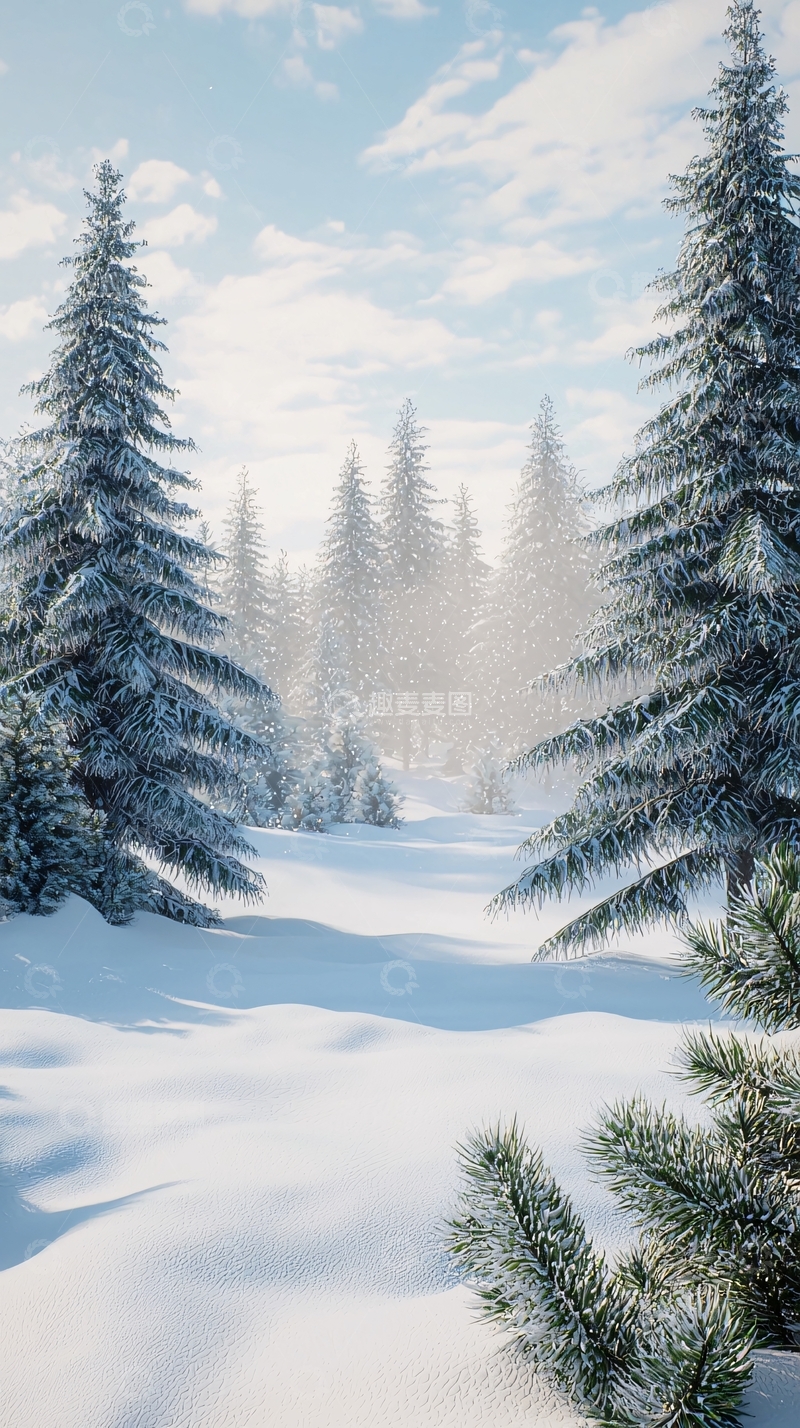 高清大图下载【趣麦麦图】冬日雪景松树林