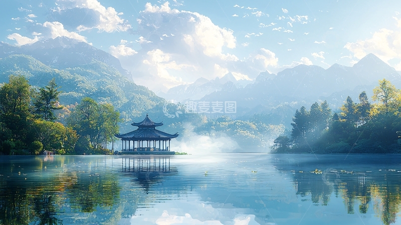 高清大图下载【趣麦麦图】湖畔亭台水墨画意境