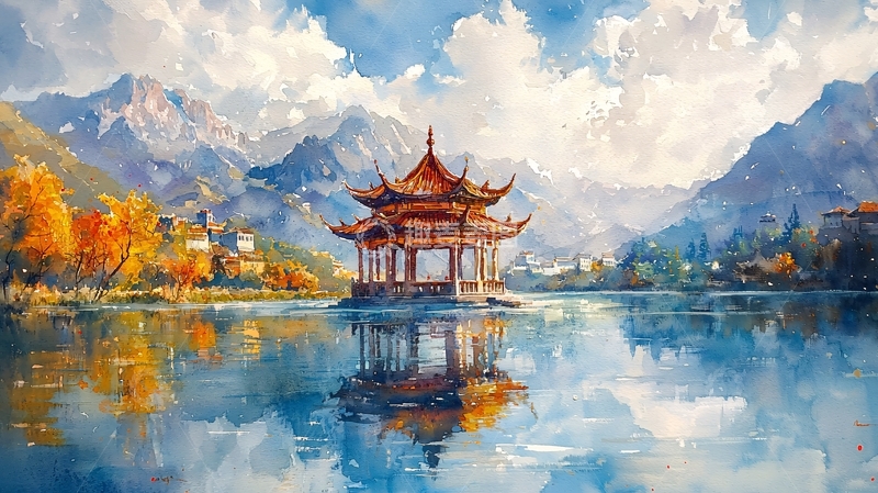 高清大图下载【趣麦麦图】秋日山景湖泊亭台