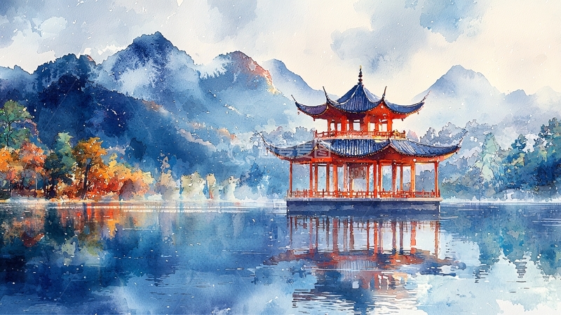 高清大图下载【趣麦麦图】水墨风格山水画里的亭台楼阁