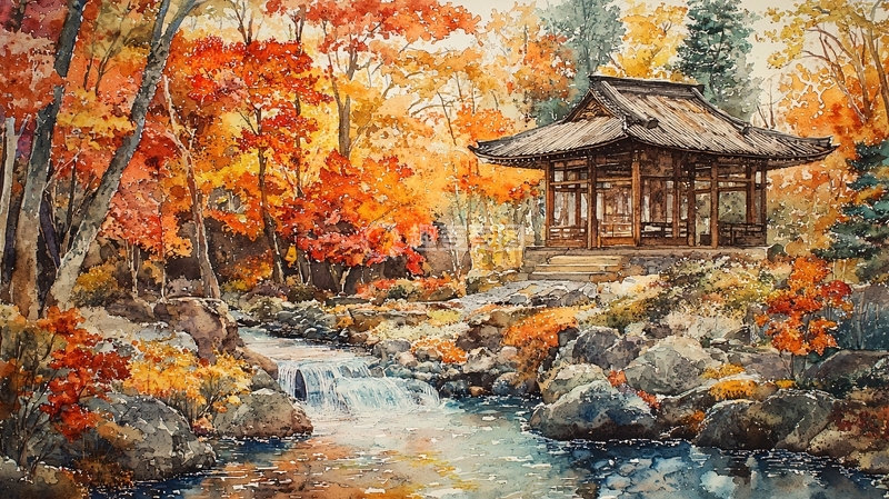 高清大图下载【趣麦麦图】秋日红叶掩映下的日式亭台