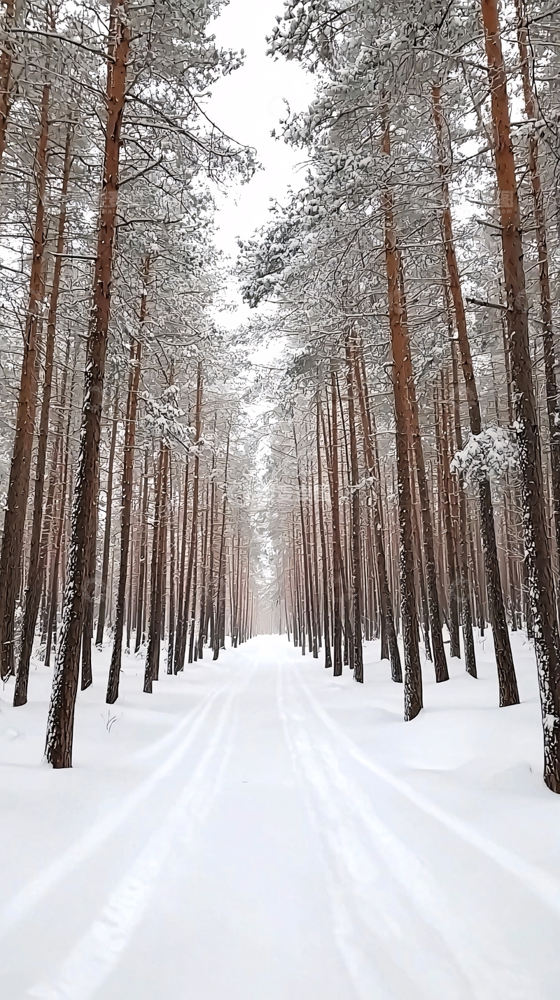 高清大图下载【趣麦麦图】雪地松树林小路