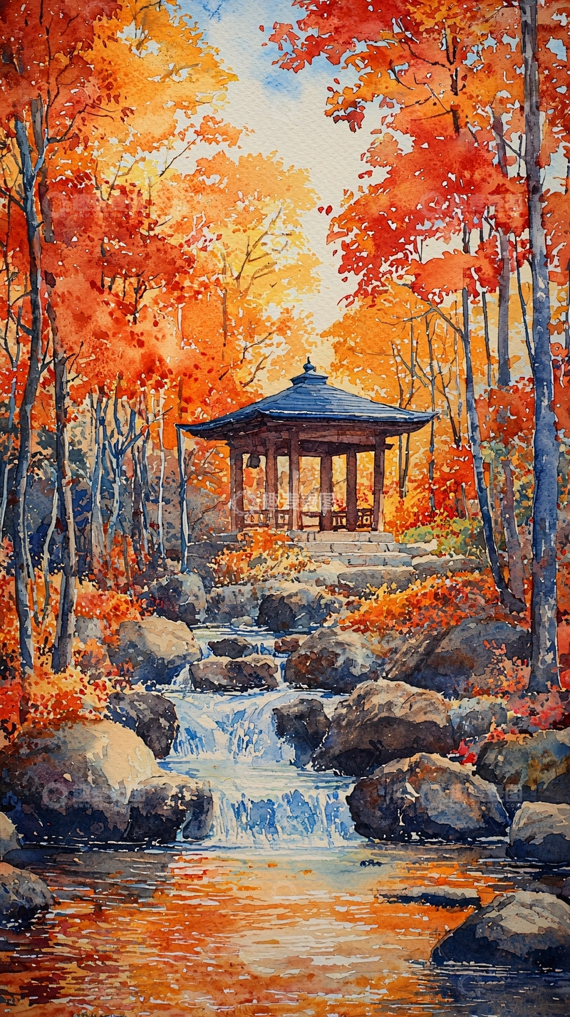 高清大图下载【趣麦麦图】秋日红叶流水亭台水彩