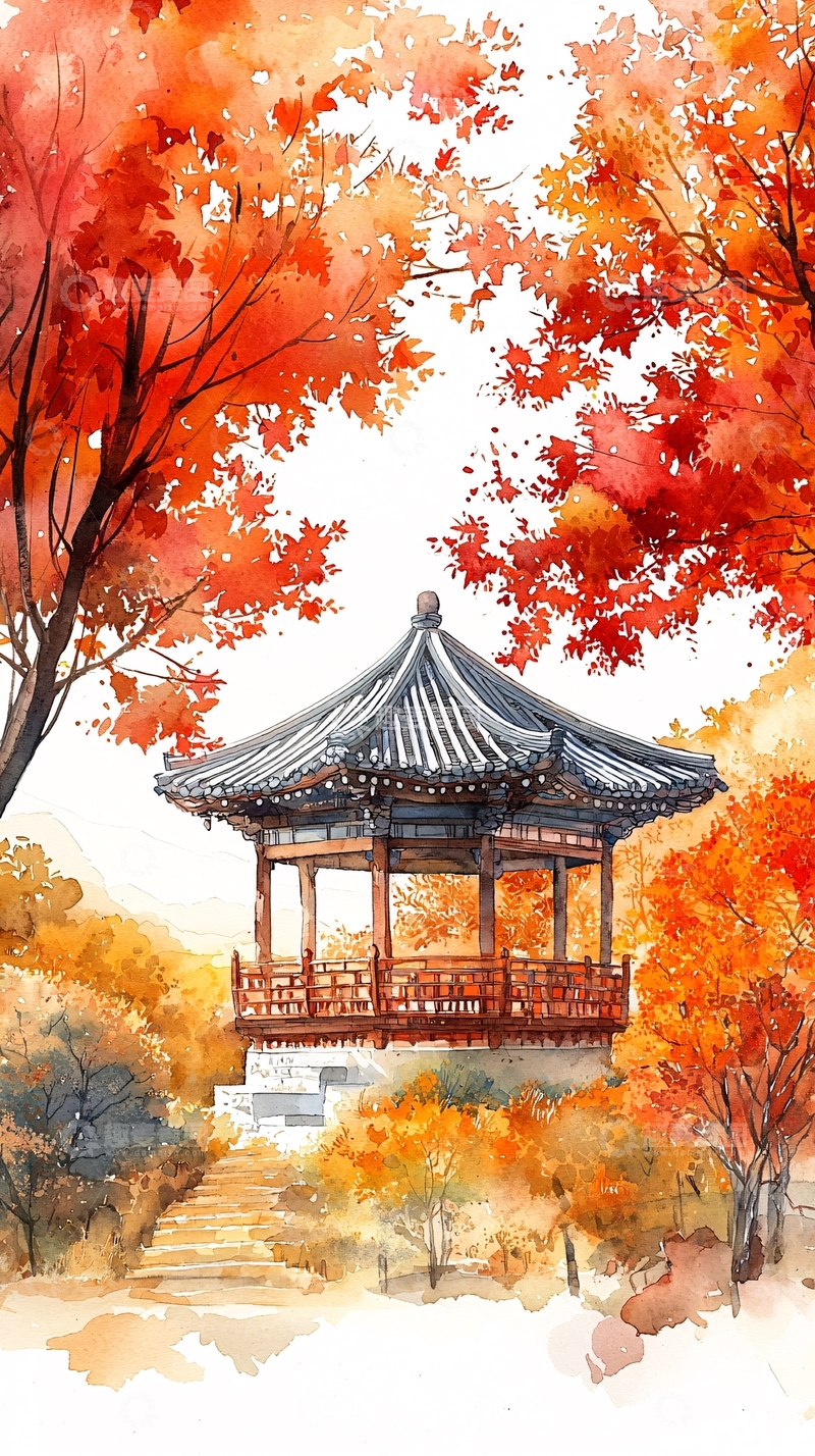 高清大图下载【趣麦麦图】秋日红叶亭台