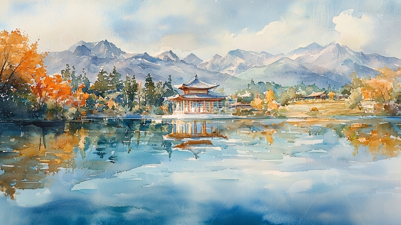 高清大图下载【趣麦麦图】水面倒影的秋日山水亭台