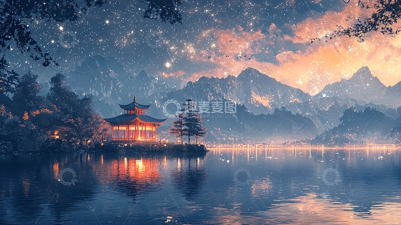 高清大图下载【趣麦麦图】湖边夜景东方建筑星空
