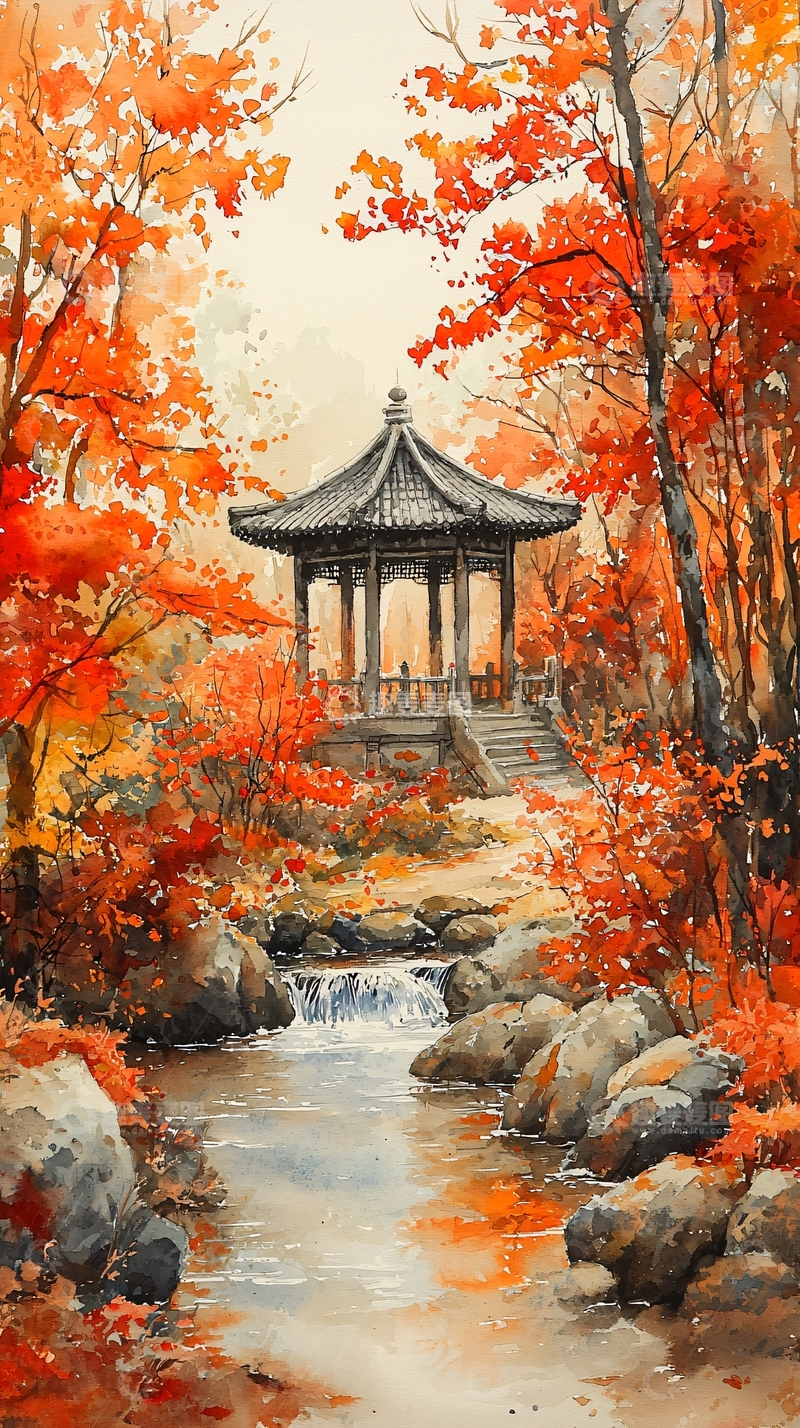 高清大图下载【趣麦麦图】秋日亭台水景如画