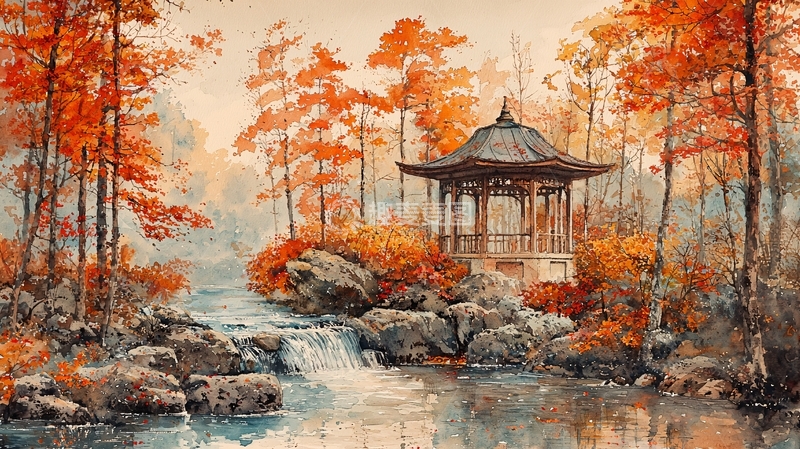 高清大图下载【趣麦麦图】秋日红叶亭台流水