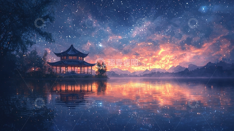 高清大图下载【趣麦麦图】古风建筑夜空湖面唯美景色