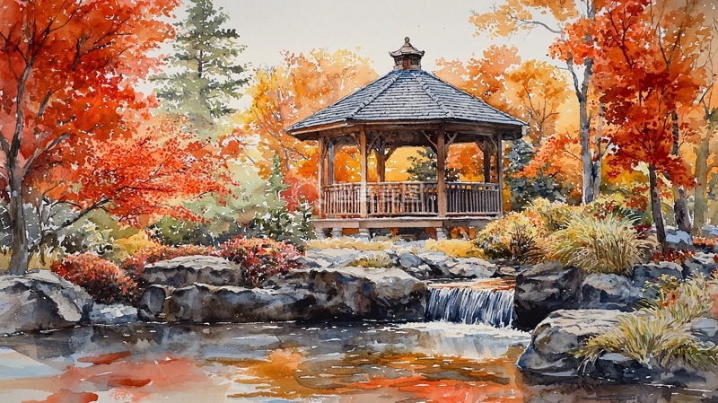 高清大图下载【趣麦麦图】秋日公园凉亭水彩画