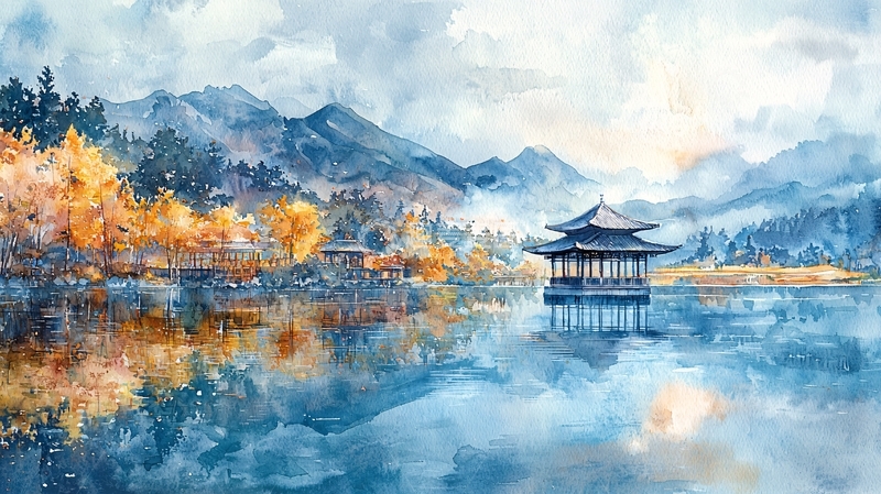 高清大图下载【趣麦麦图】湖边水榭亭台