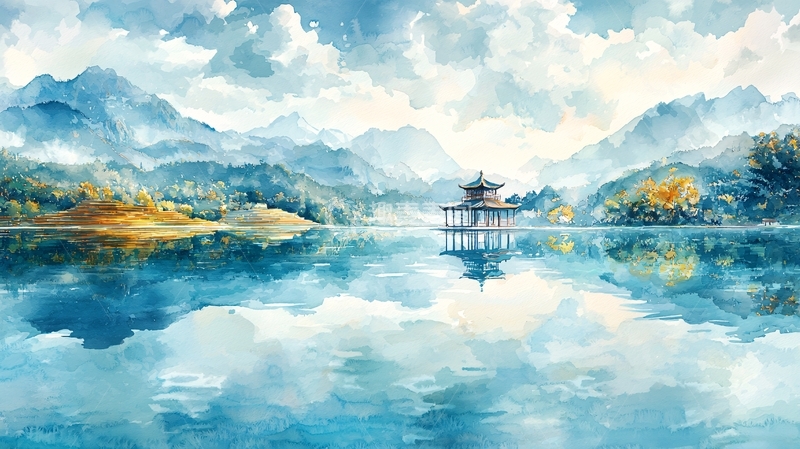 高清大图下载【趣麦麦图】水墨山水亭台倒影