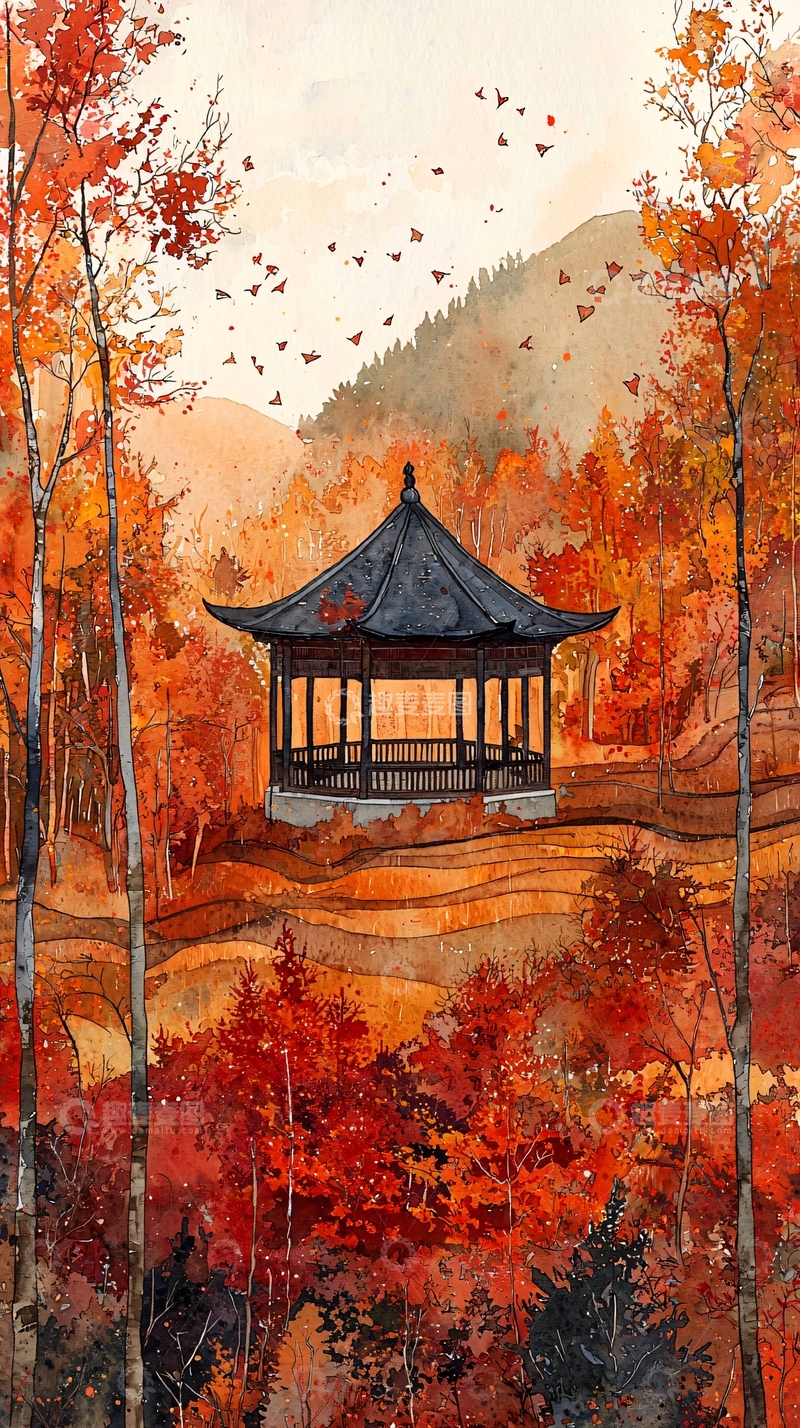 高清大图下载【趣麦麦图】秋日亭台水彩画