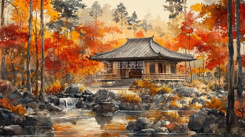 高清大图下载【趣麦麦图】秋日寺庙水彩风景画