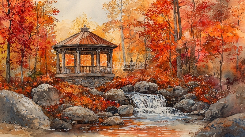 高清大图下载【趣麦麦图】秋日公园凉亭风景画