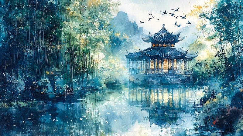 高清大图下载【趣麦麦图】水墨风格的亭台楼阁