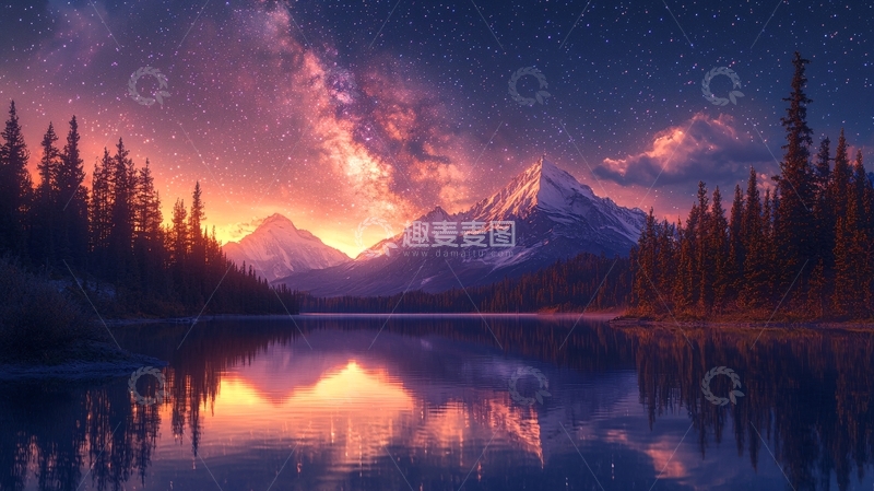 高清大图下载【趣麦麦图】极光下的雪山湖泊