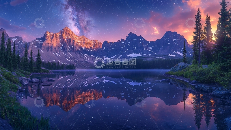 高清大图下载【趣麦麦图】山峰倒影湖泊日落