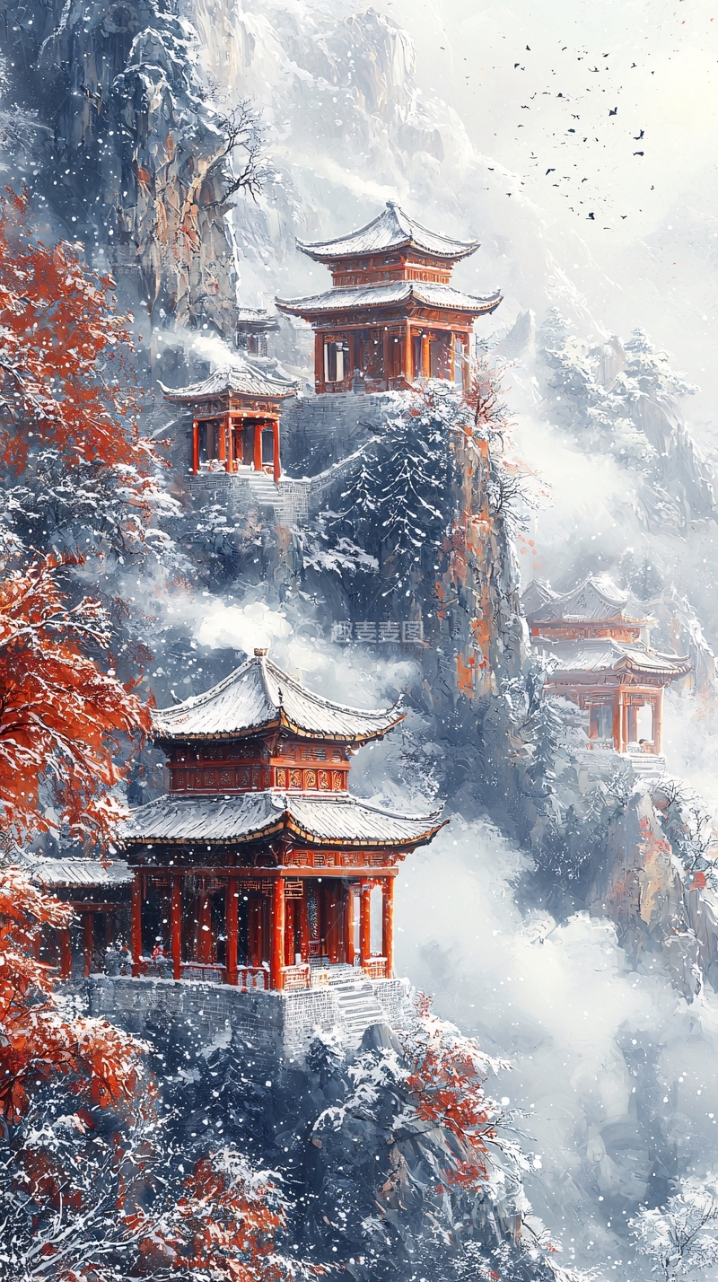 高清大图下载【趣麦麦图】雪山上的中国古建筑