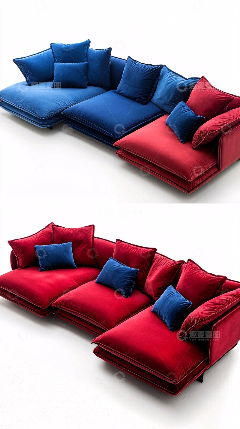 高清大图下载【趣麦麦图】红蓝拼接绒面沙发