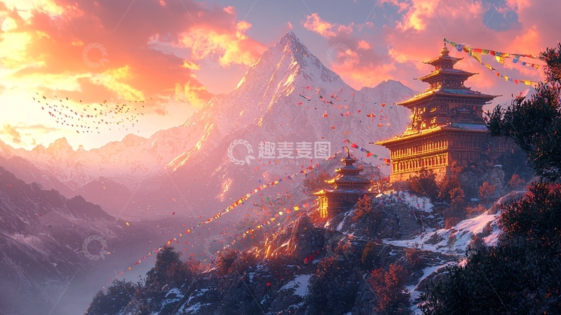 高清大图下载【趣麦麦图】山顶寺庙的日落美景