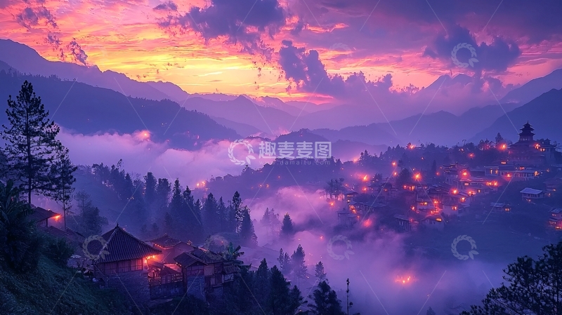 高清大图下载【趣麦麦图】紫色山脉日落风景