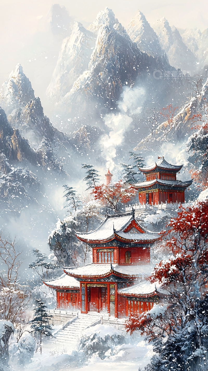 高清大图下载【趣麦麦图】中国风雪景中的红色寺庙