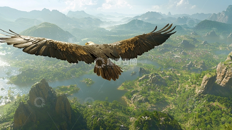 高清大图下载【趣麦麦图】雄鹰俯瞰山川河流